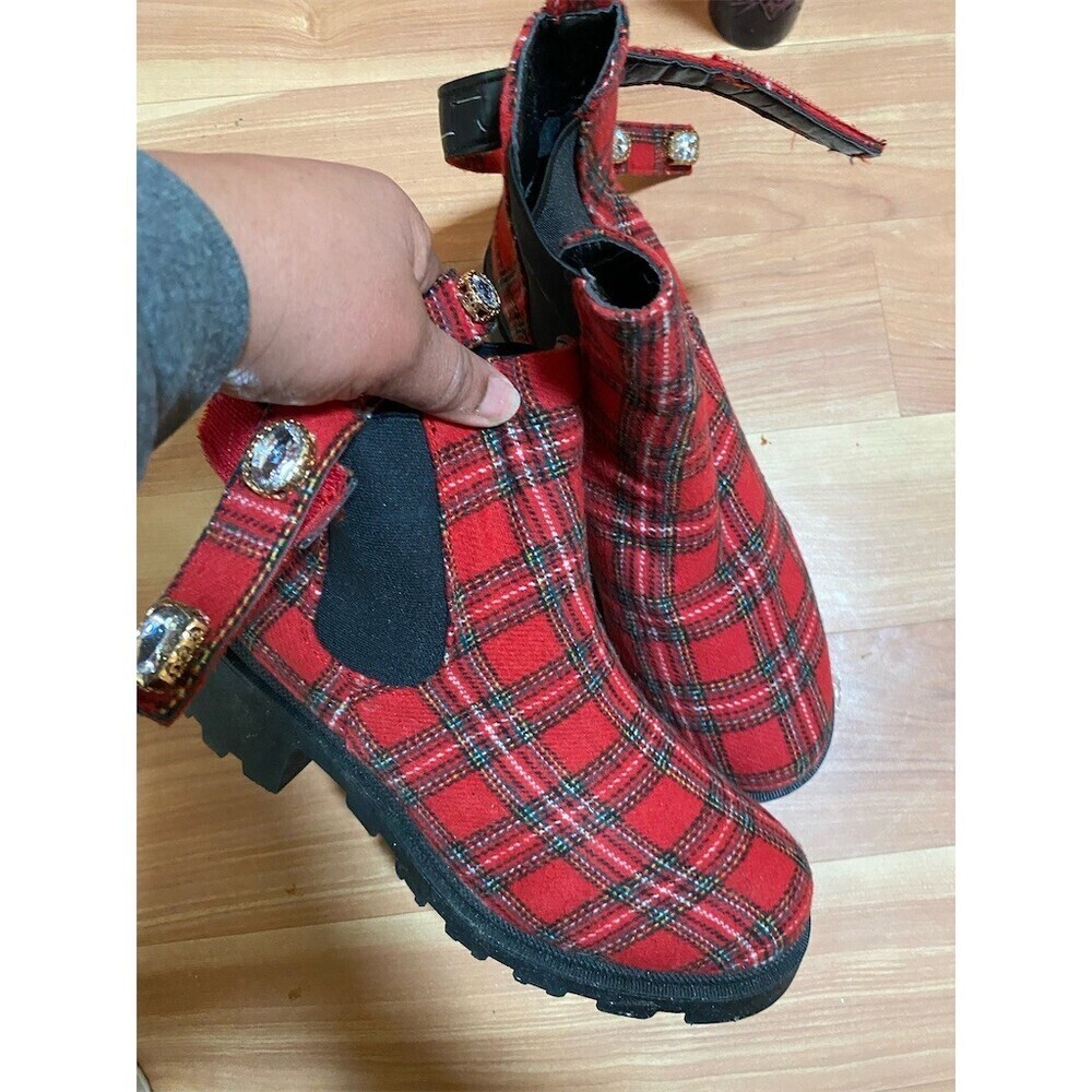 Sugar Women's Chelsea Ankle Boots Red Plaid Tartan Lug Sole Rhinestone